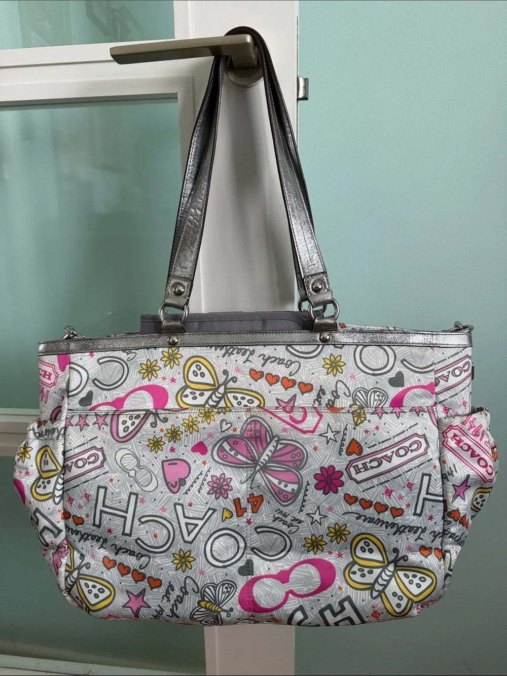 Coach Silver and Pink Graphic Butterfly Diaper Bag Y2K Vintage